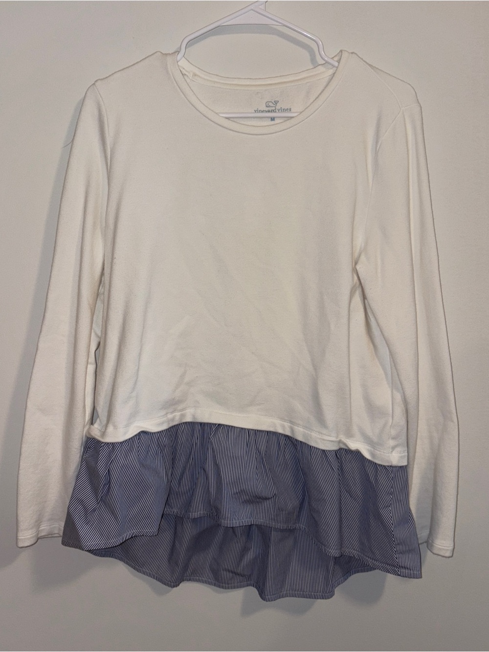 Vineyard Vines White Long-Sleeve Top with Blue Striped Ruffle Hem